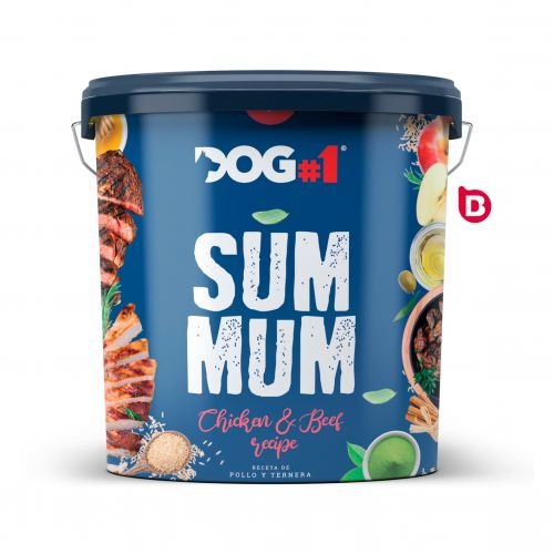 Diseño de etiqueta para cubo de alimentos para mascotas de la marca SUMMUM