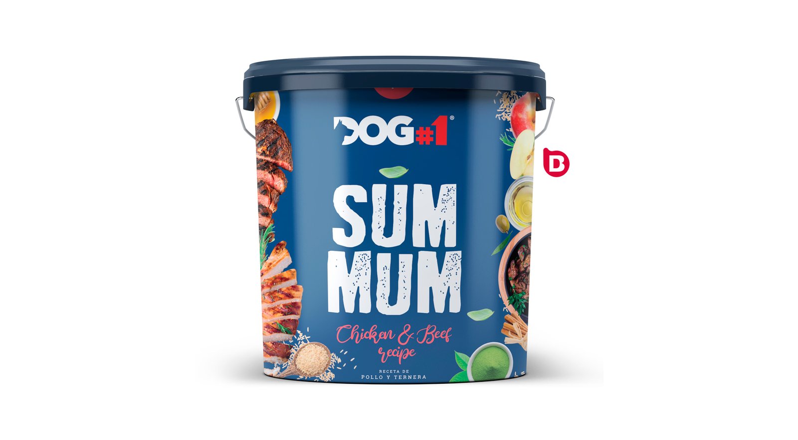 Diseño de etiqueta para cubo de alimentos para mascotas de la marca SUMMUM